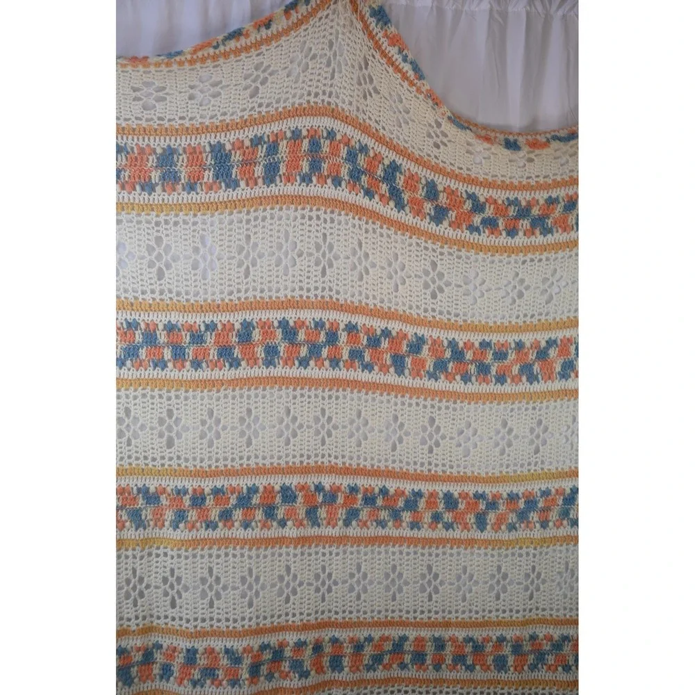 Vintage Cream, Pink and Blue Crochet Blanket 70